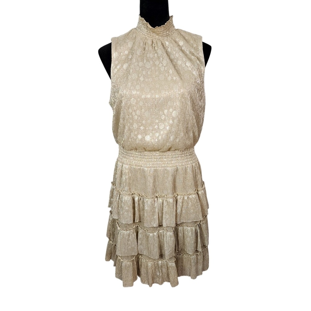 MSK Size Large Gold Confetti Blouson Tiered Ruffle Smocked Waist Party Dress EUC